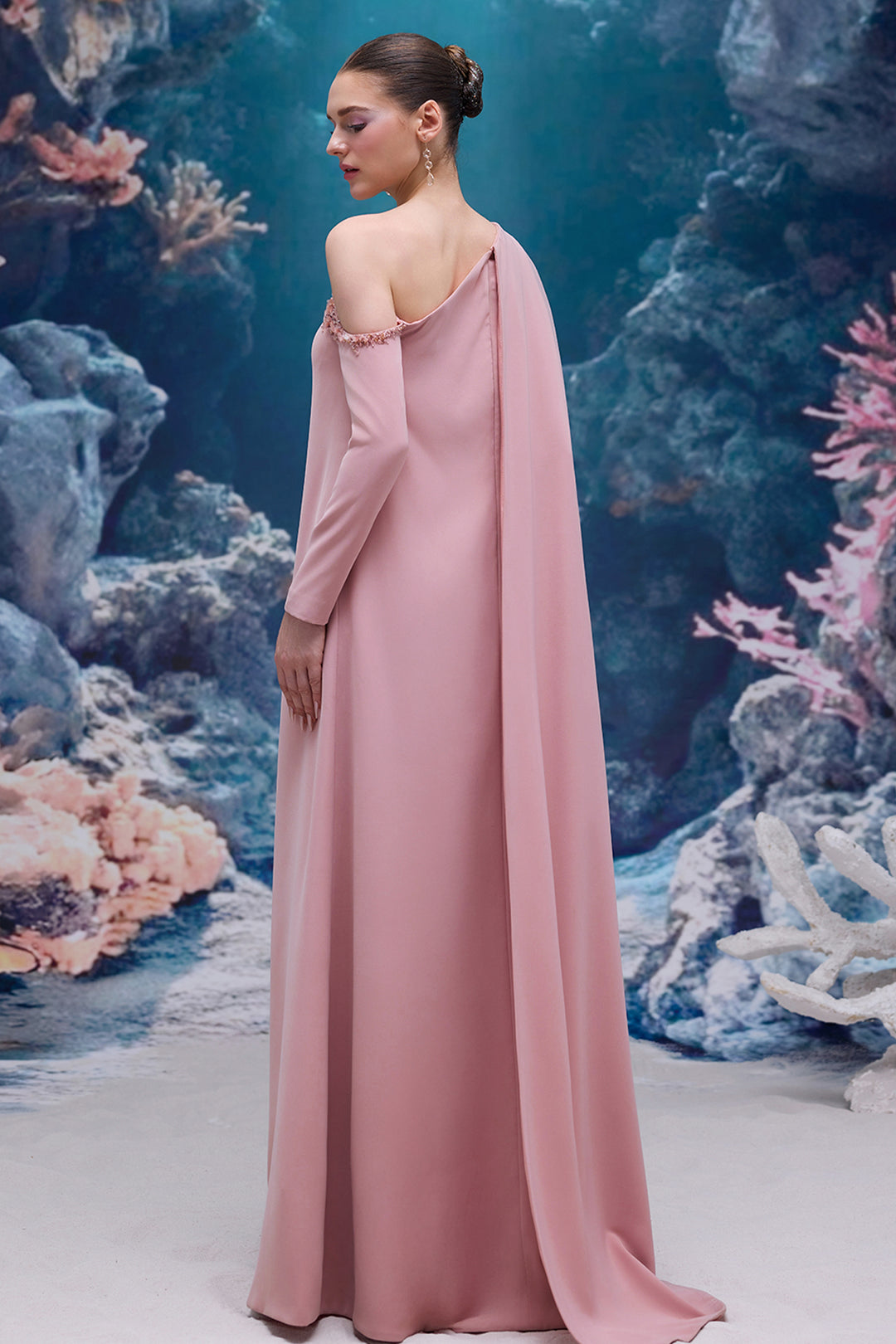 One-Shoulder Crepe Dress with Crystal Embellishment
