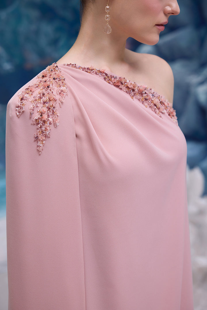 One-Shoulder Crepe Dress with Crystal Embellishment