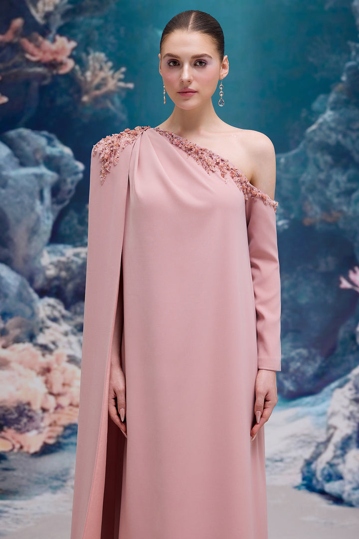 One-Shoulder Crepe Dress with Crystal Embellishment