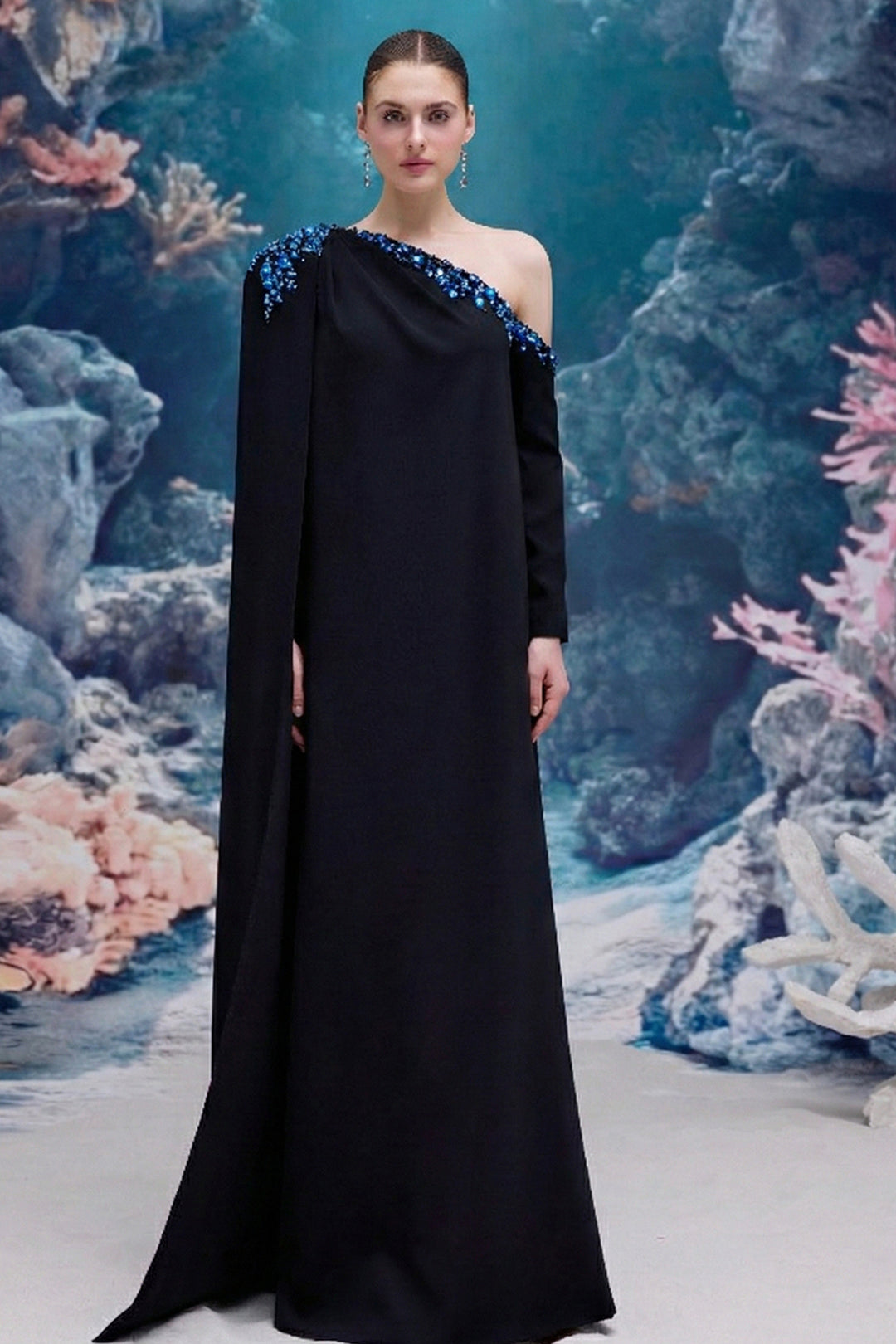One-Shoulder Crepe Dress with Crystal Embellishment