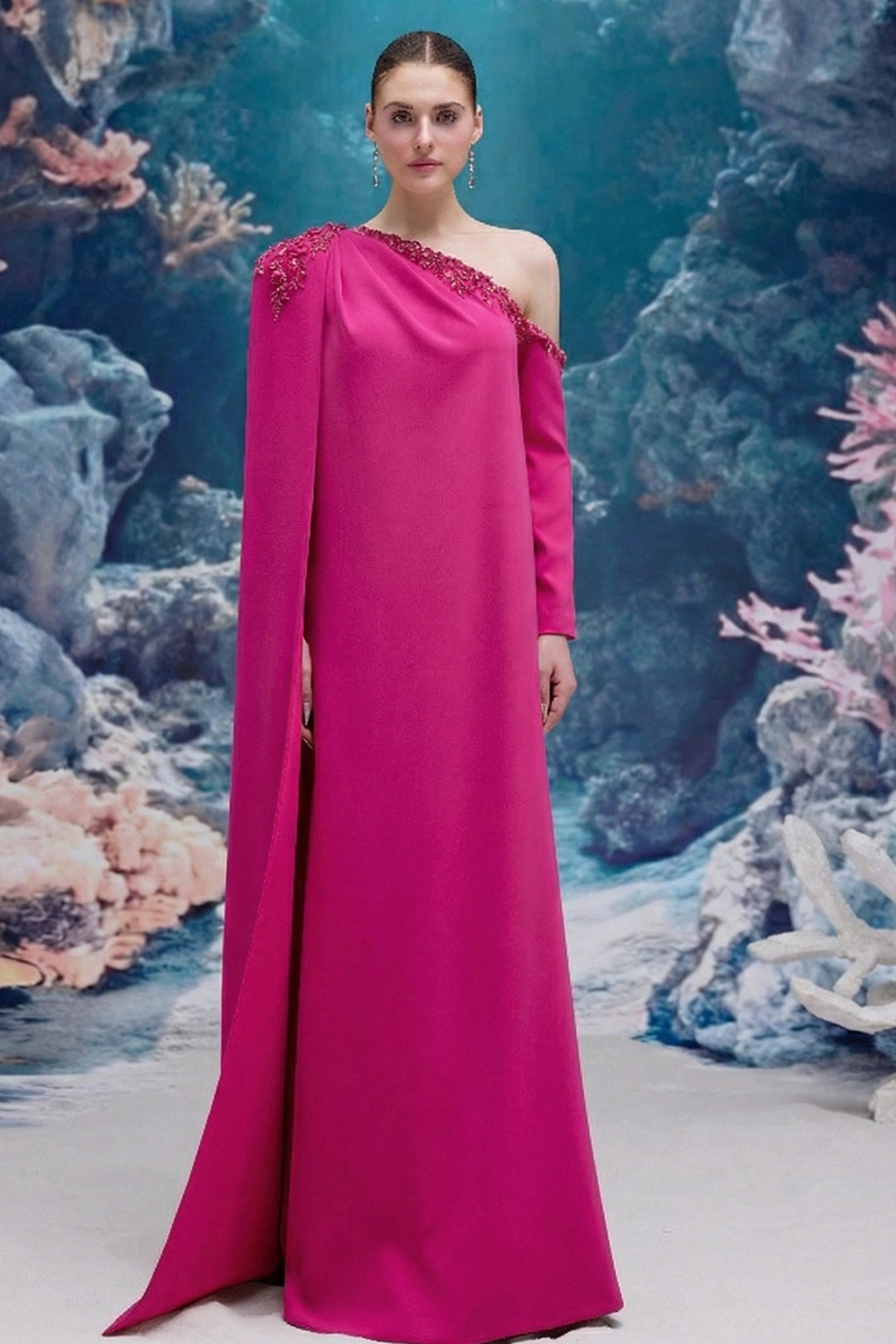 One-Shoulder Crepe Dress with Crystal Embellishment
