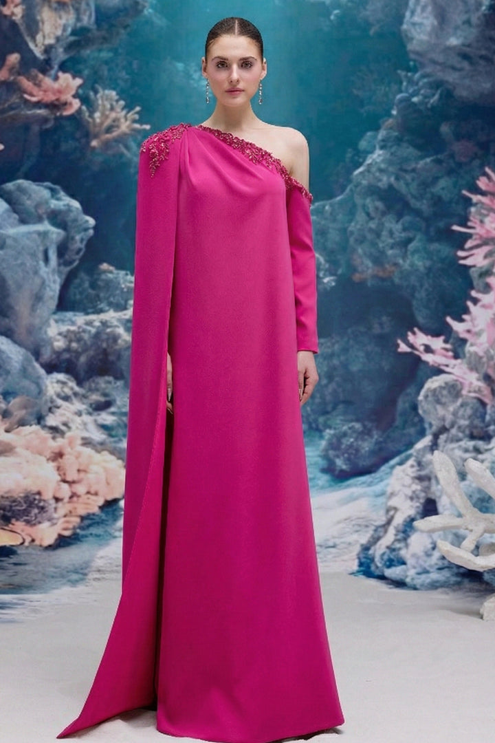 One-Shoulder Crepe Dress with Crystal Embellishment