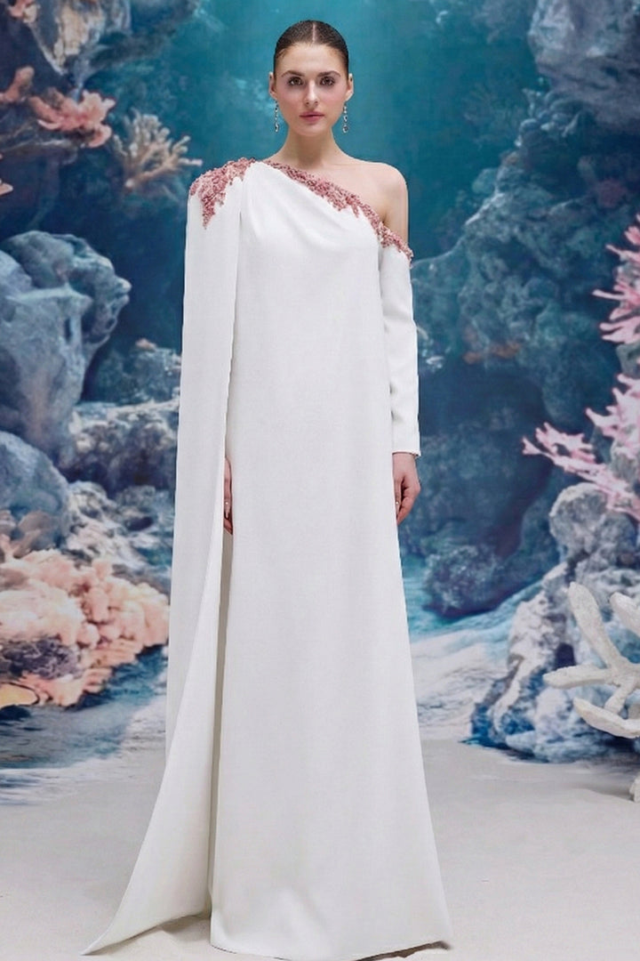 One-Shoulder Crepe Dress with Crystal Embellishment
