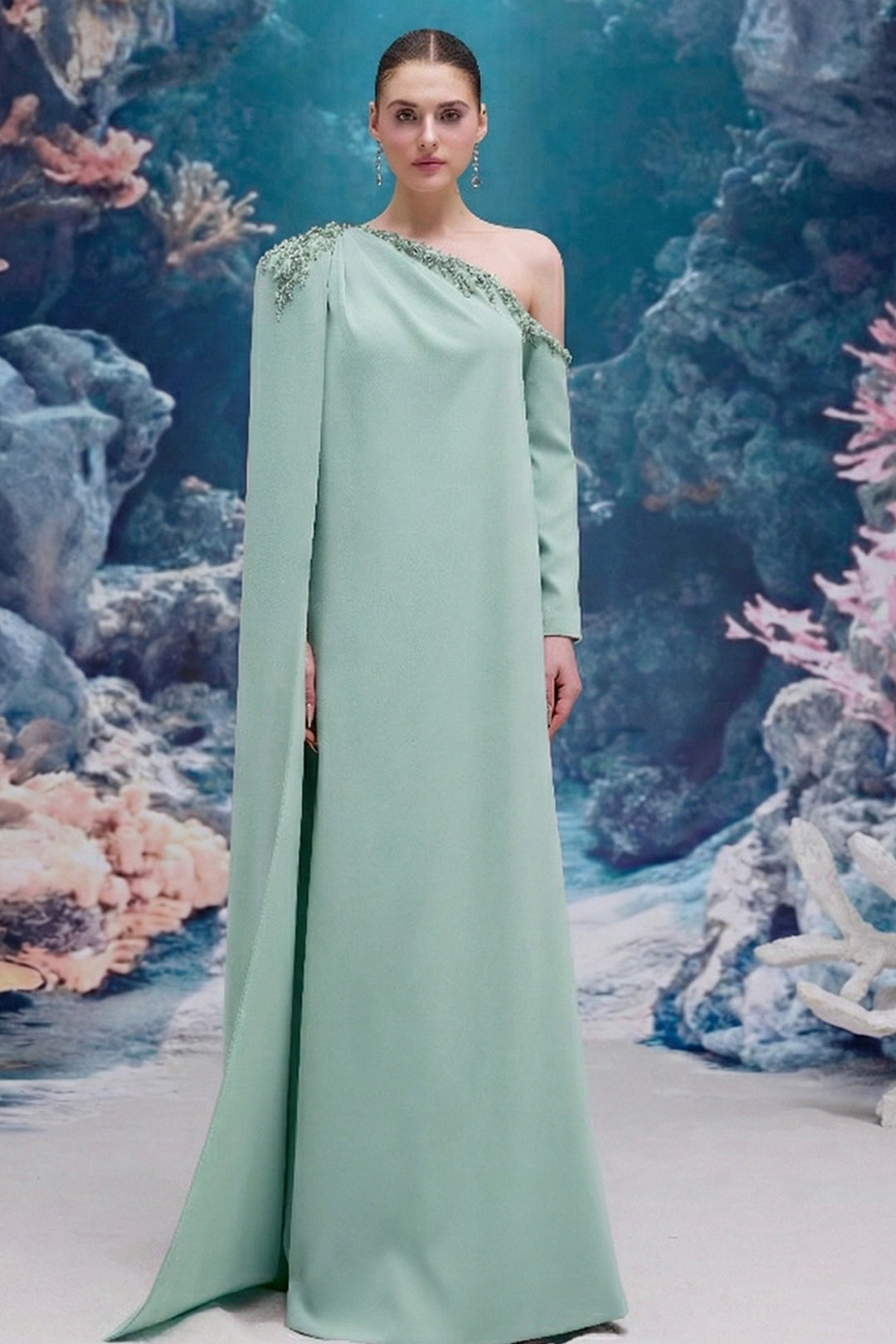One-Shoulder Crepe Dress with Crystal Embellishment