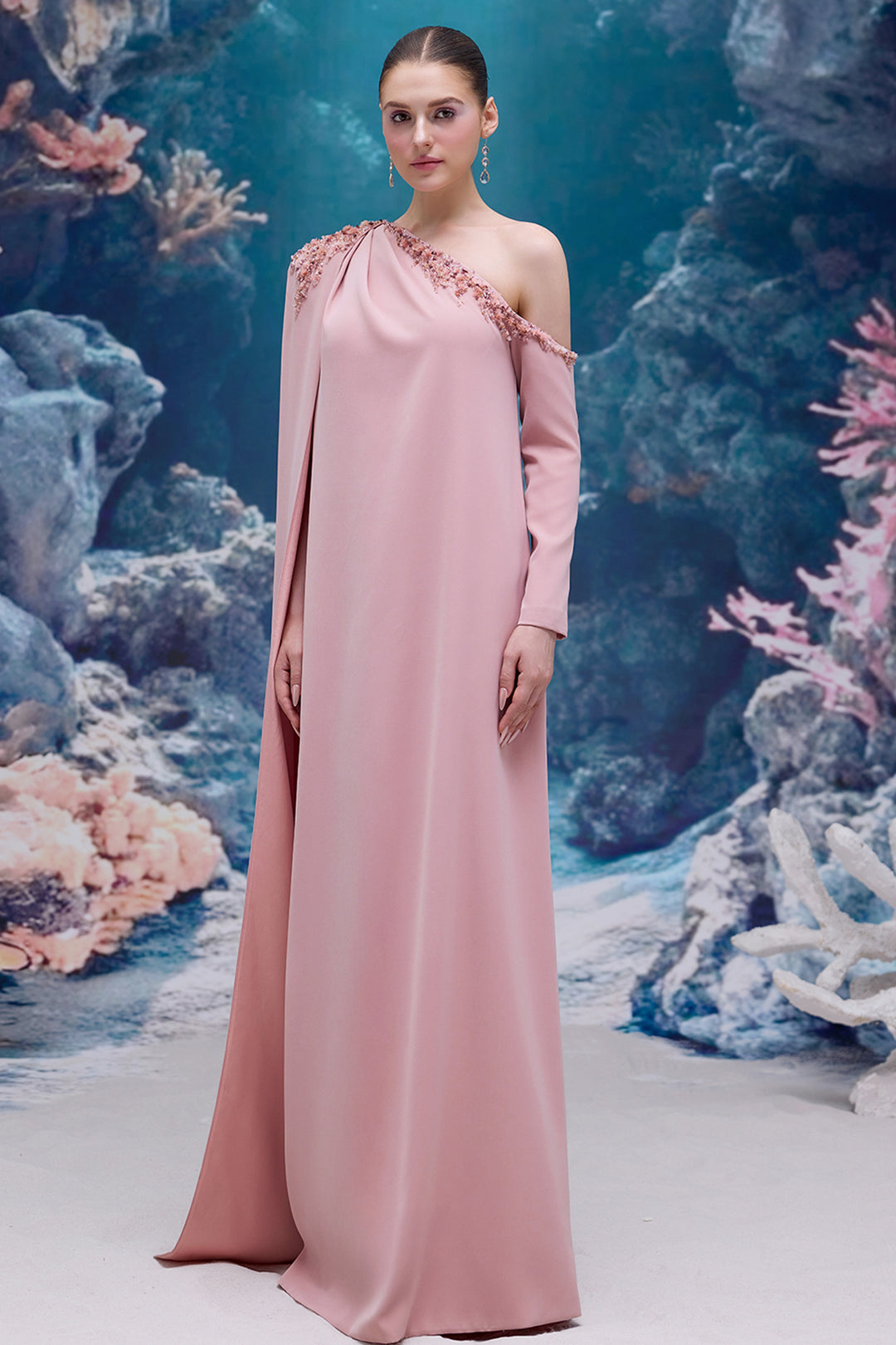 One-Shoulder Crepe Dress with Crystal Embellishment