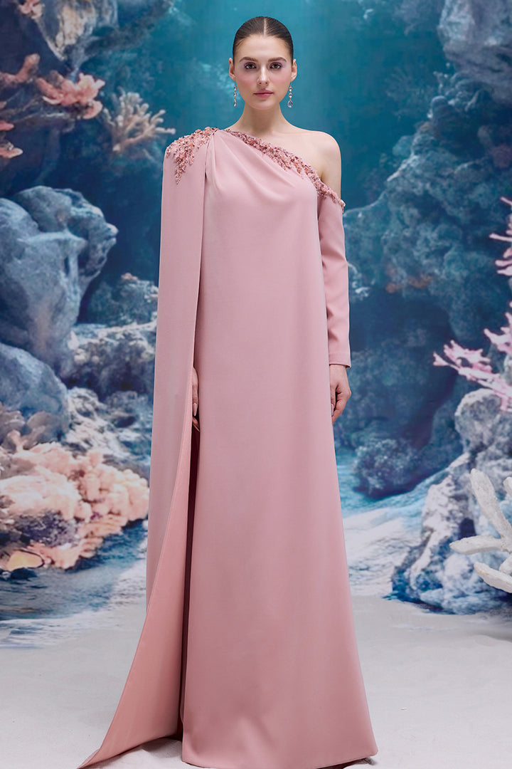 One-Shoulder Crepe Dress with Crystal Embellishment