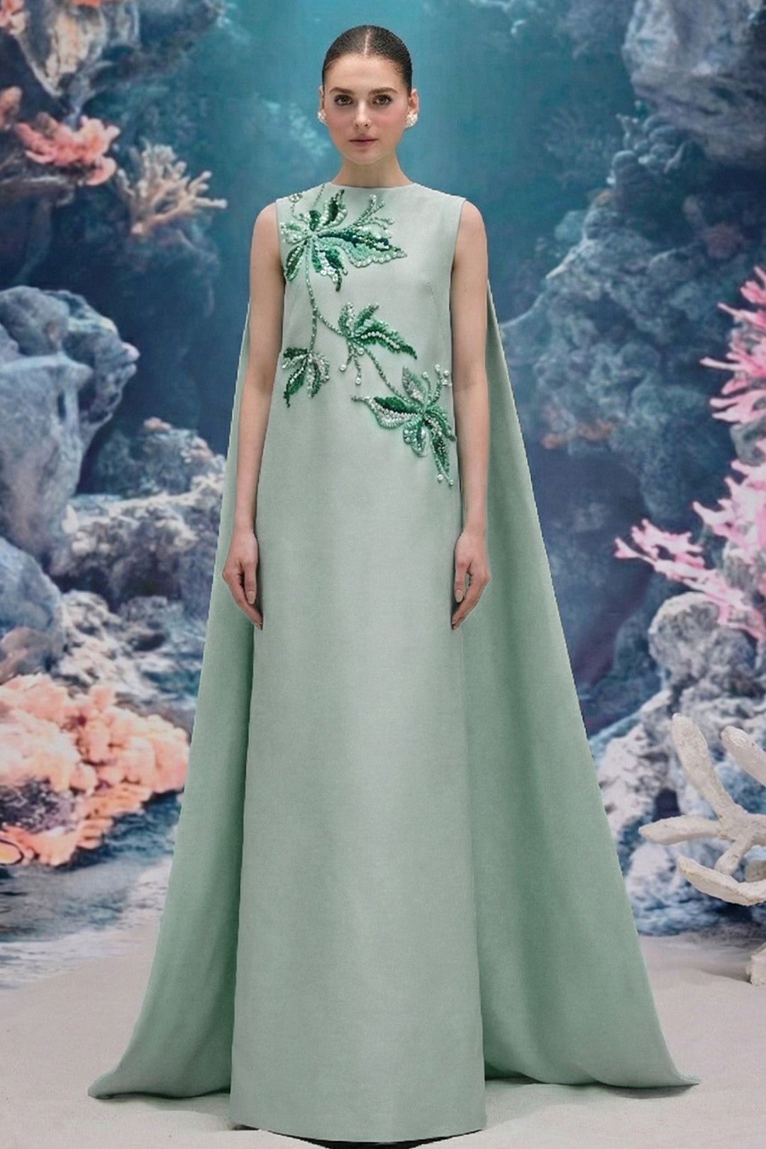 Crystal Embellished Royal Taffeta Cape Dress