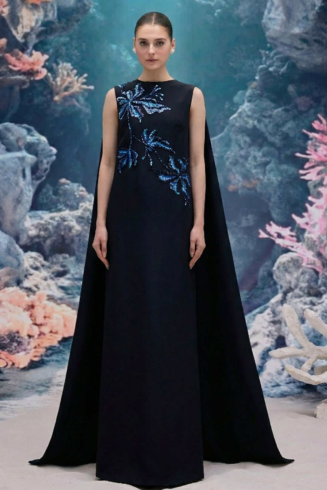 Crystal Embellished Royal Taffeta Cape Dress