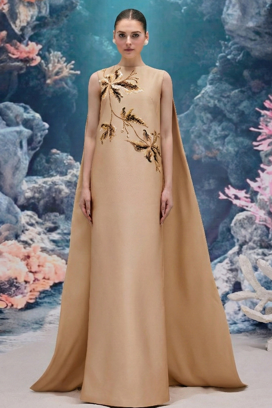 Crystal Embellished Royal Taffeta Cape Dress