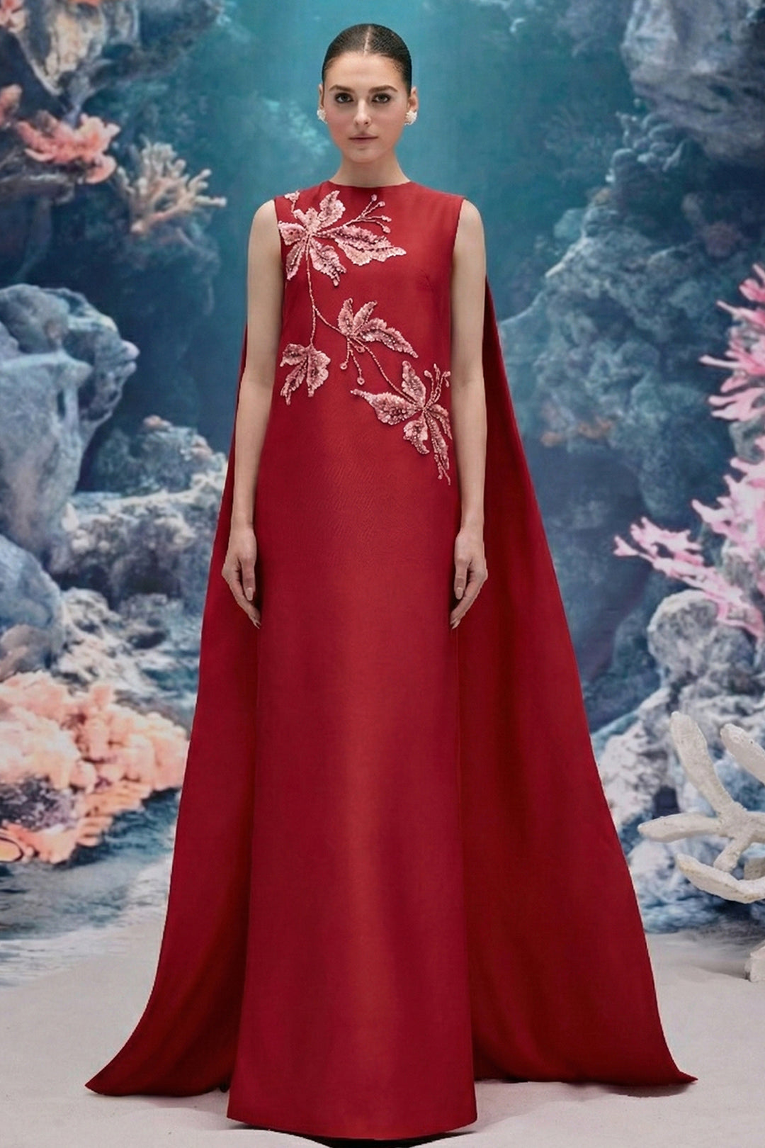 Crystal Embellished Royal Taffeta Cape Dress