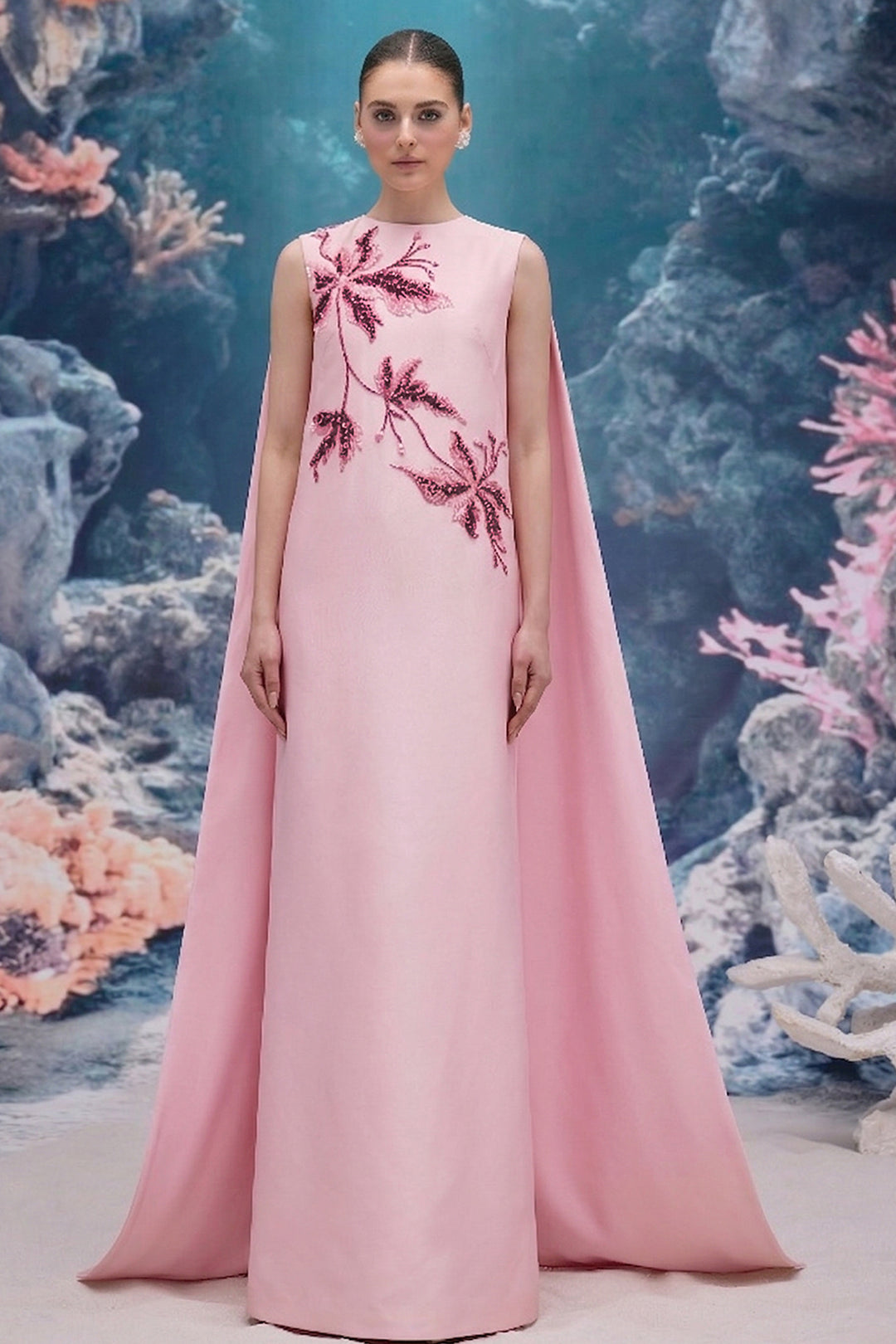 Crystal Embellished Royal Taffeta Cape Dress