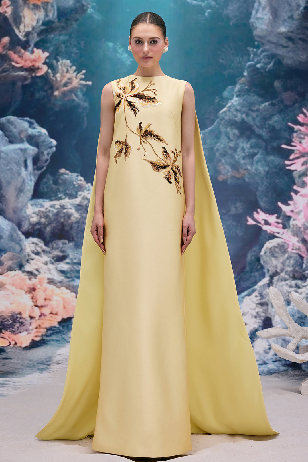 Crystal Embellished Royal Taffeta Cape Dress