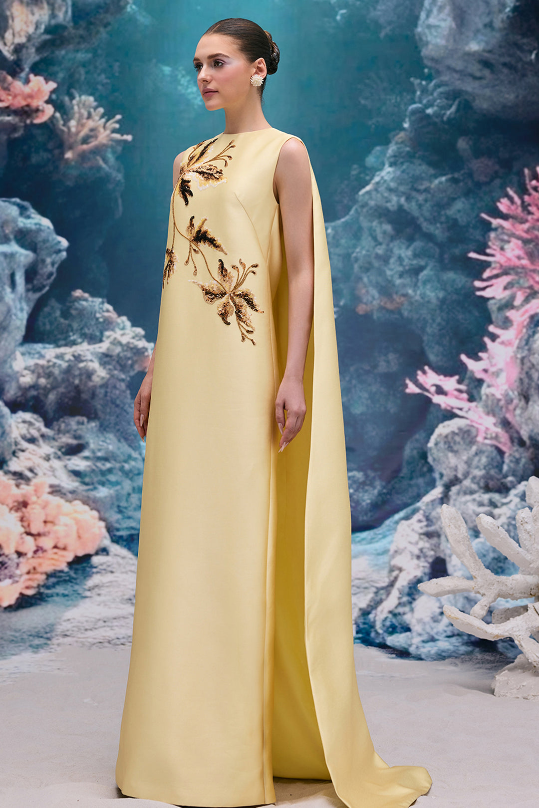 Crystal Embellished Royal Taffeta Cape Dress