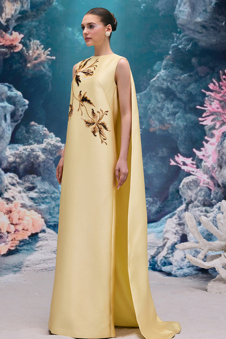 Crystal Embellished Royal Taffeta Cape Dress