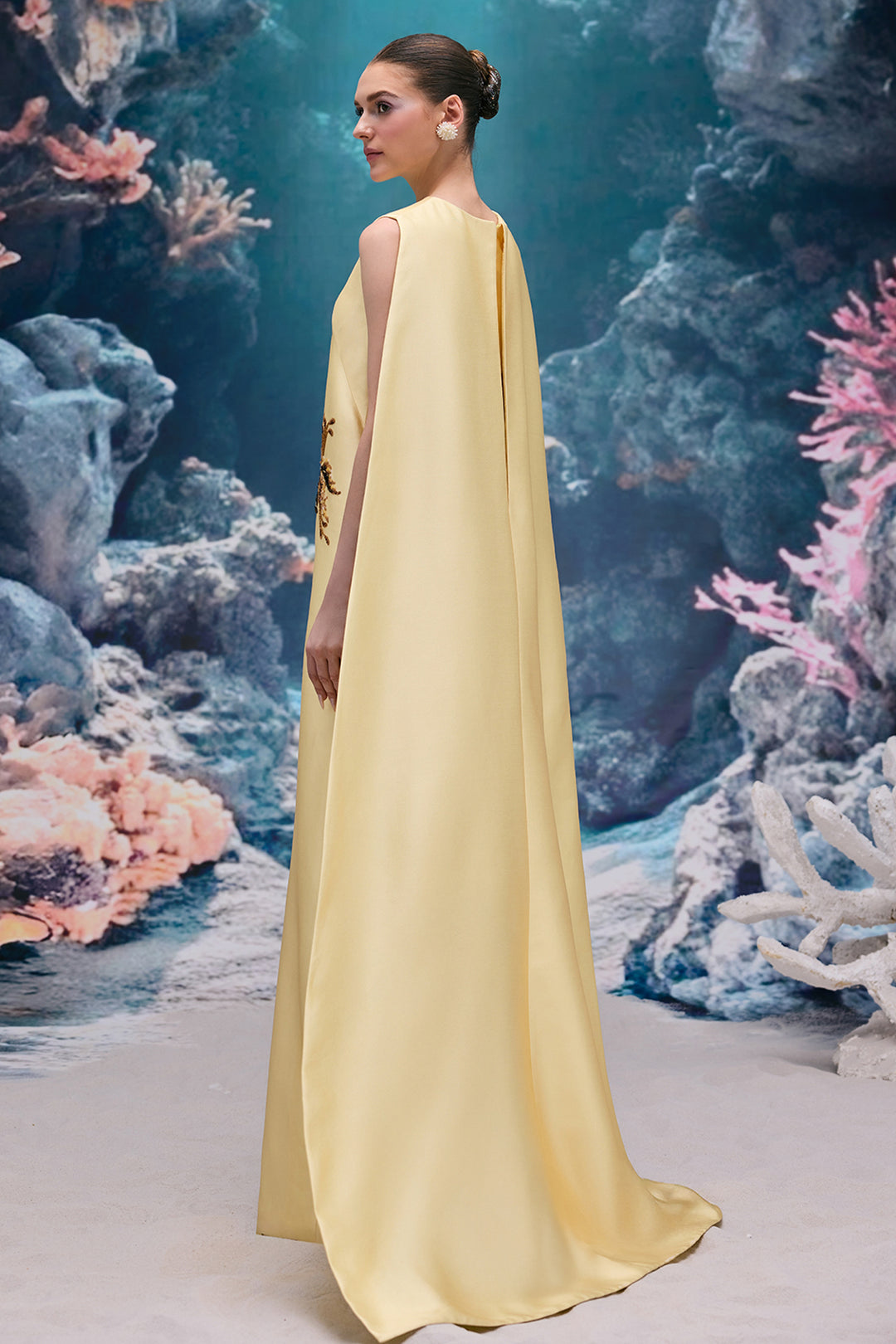 Crystal Embellished Royal Taffeta Cape Dress