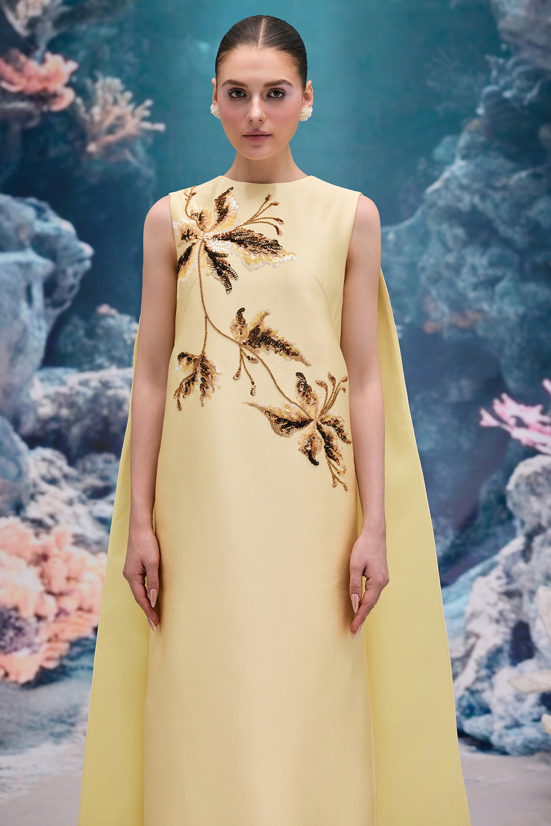 Crystal Embellished Royal Taffeta Cape Dress