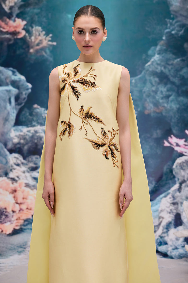 Crystal Embellished Royal Taffeta Cape Dress