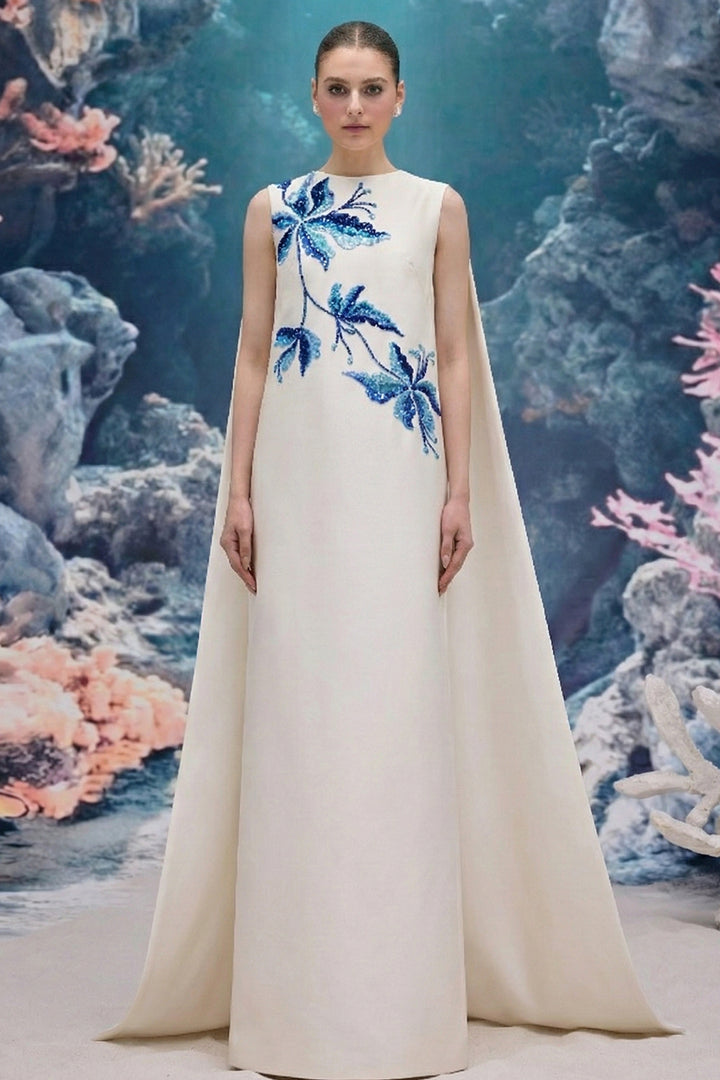 Crystal Embellished Royal Taffeta Cape Dress