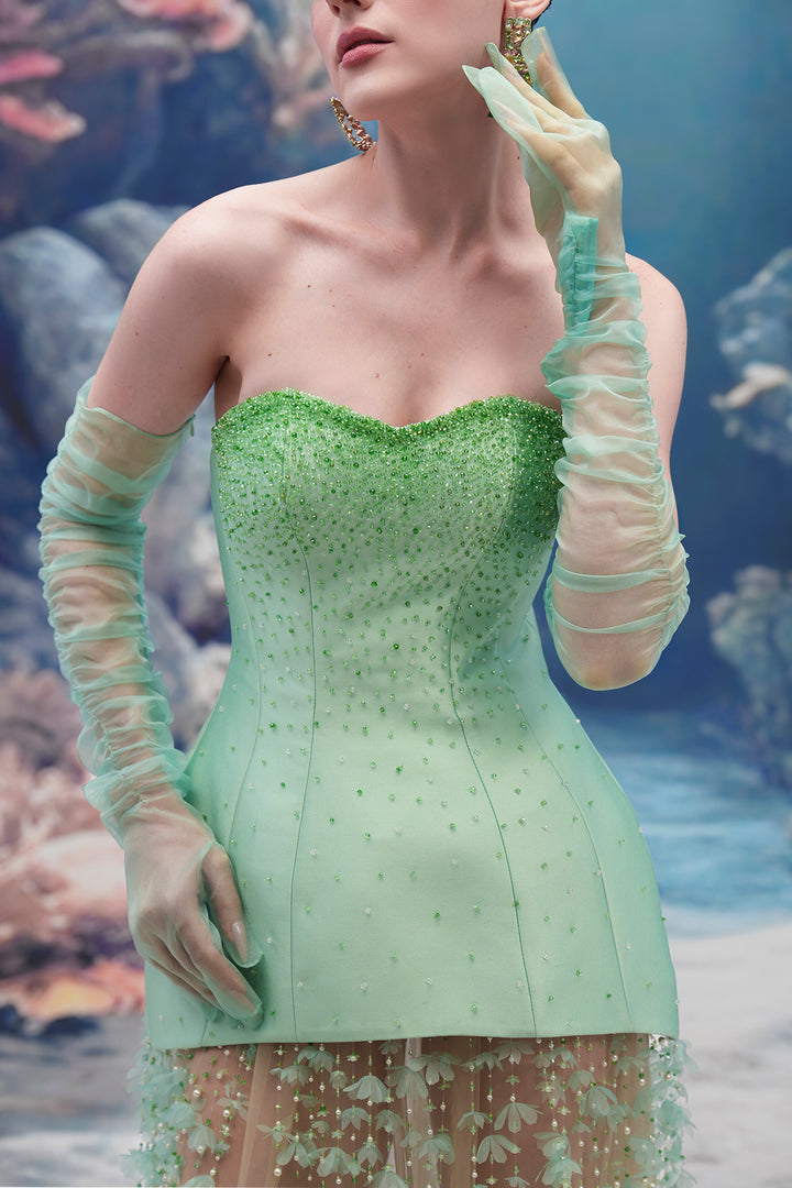 Embellished Corset Taffeta Dress with 3D Floral Tulle Skirt