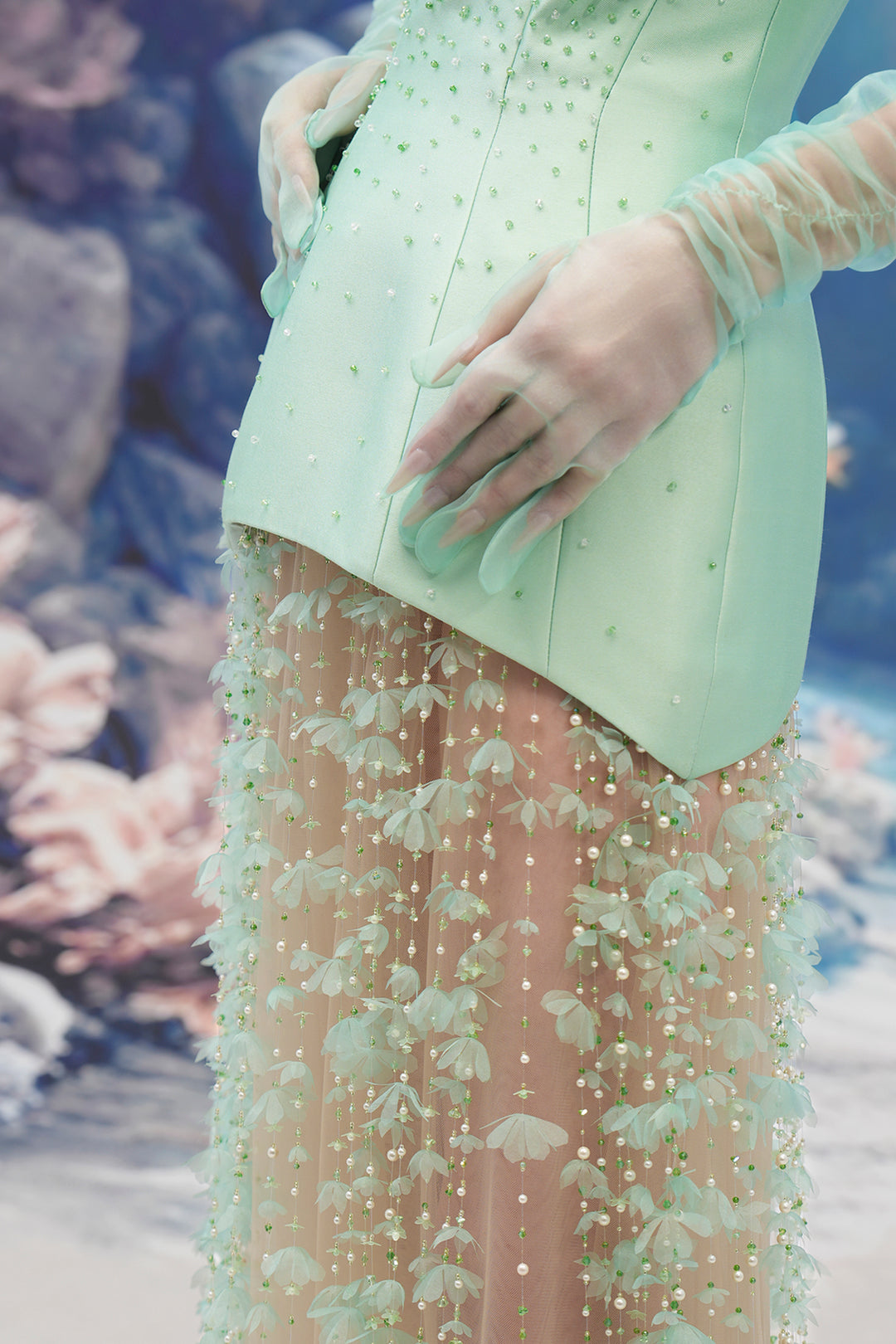 Embellished Corset Taffeta Dress with 3D Floral Tulle Skirt