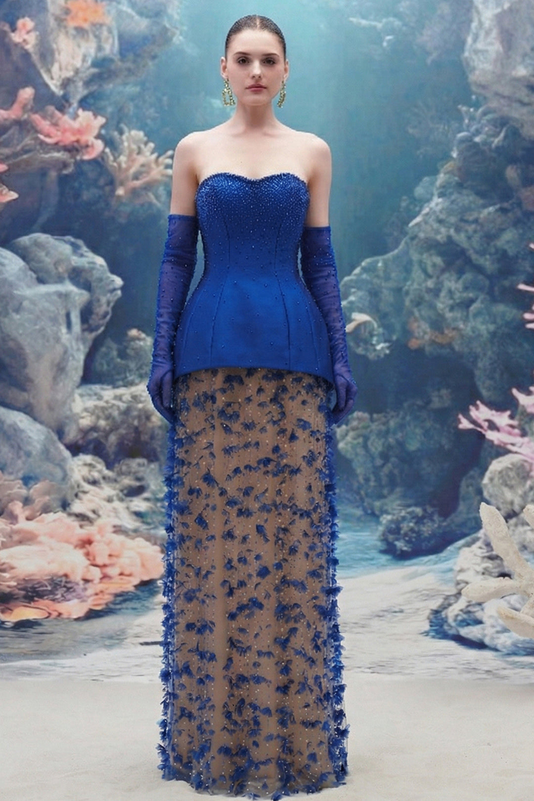Embellished Corset Taffeta Dress with 3D Floral Tulle Skirt