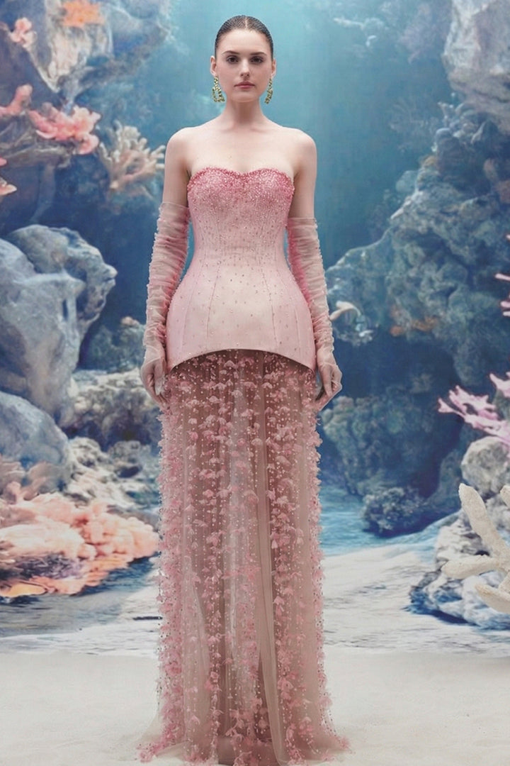 Embellished Corset Taffeta Dress with 3D Floral Tulle Skirt