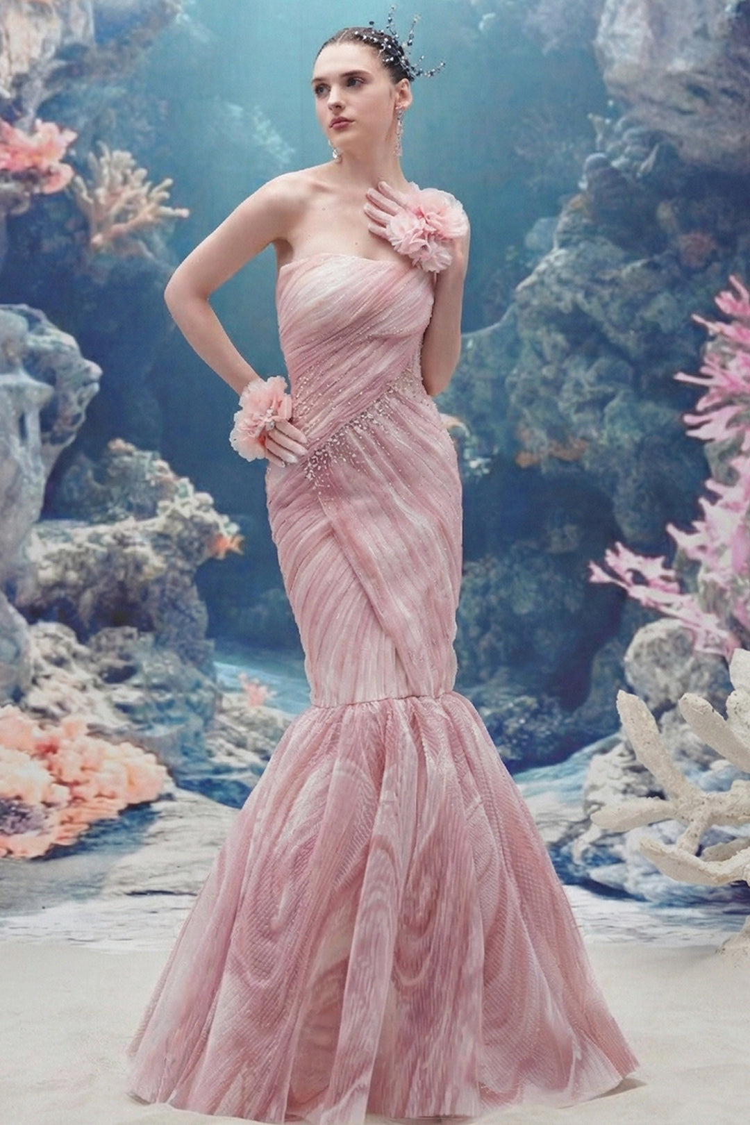 Crystal-Embellished Mermaid Dress with Gloves