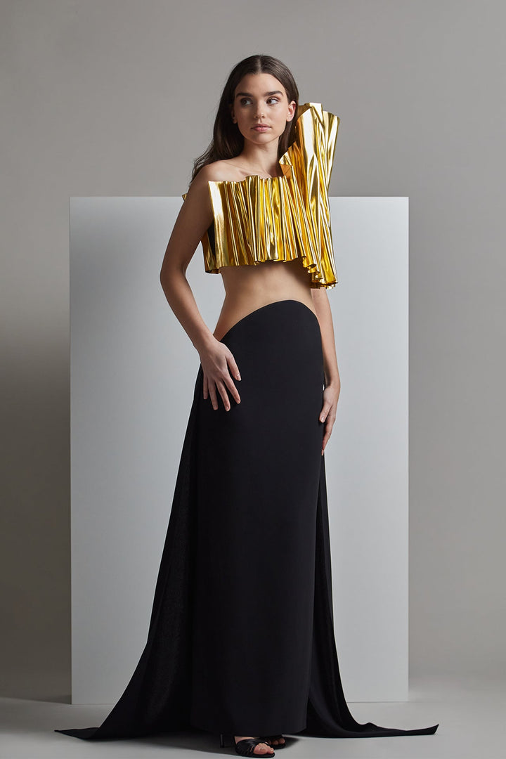 Pleated Top with Column Skirt and Train