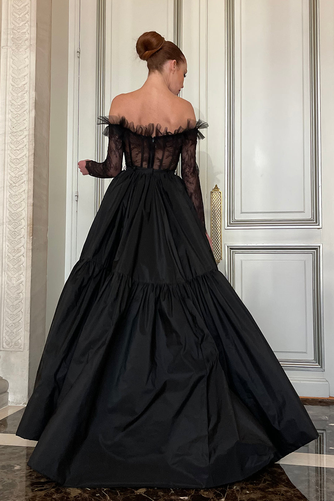 Off-The-Shoulder Tulle and Taffeta Gown