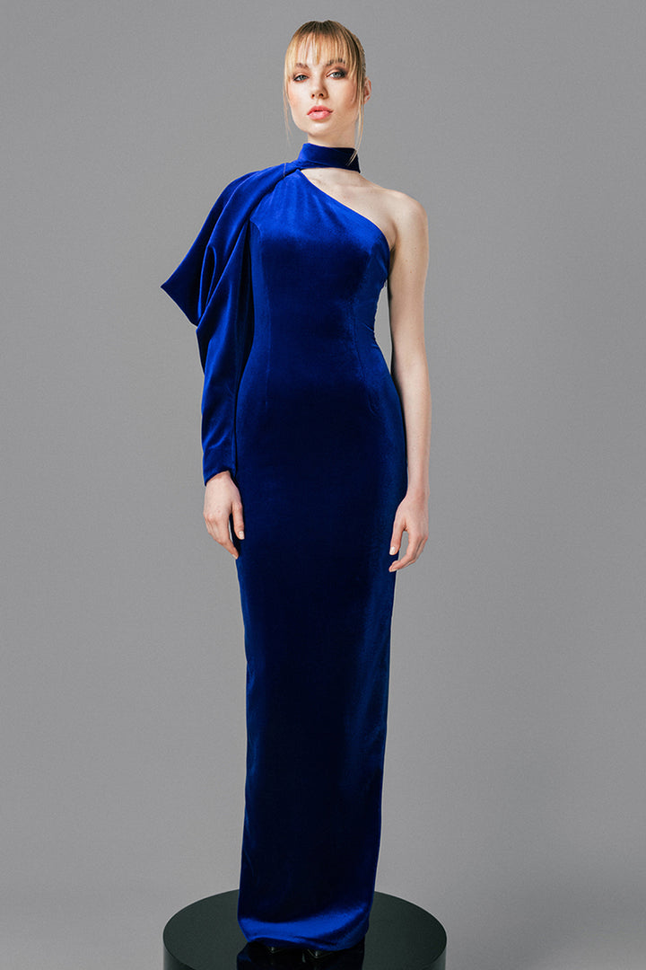 One-Shoulder Column Long Velvet Dress