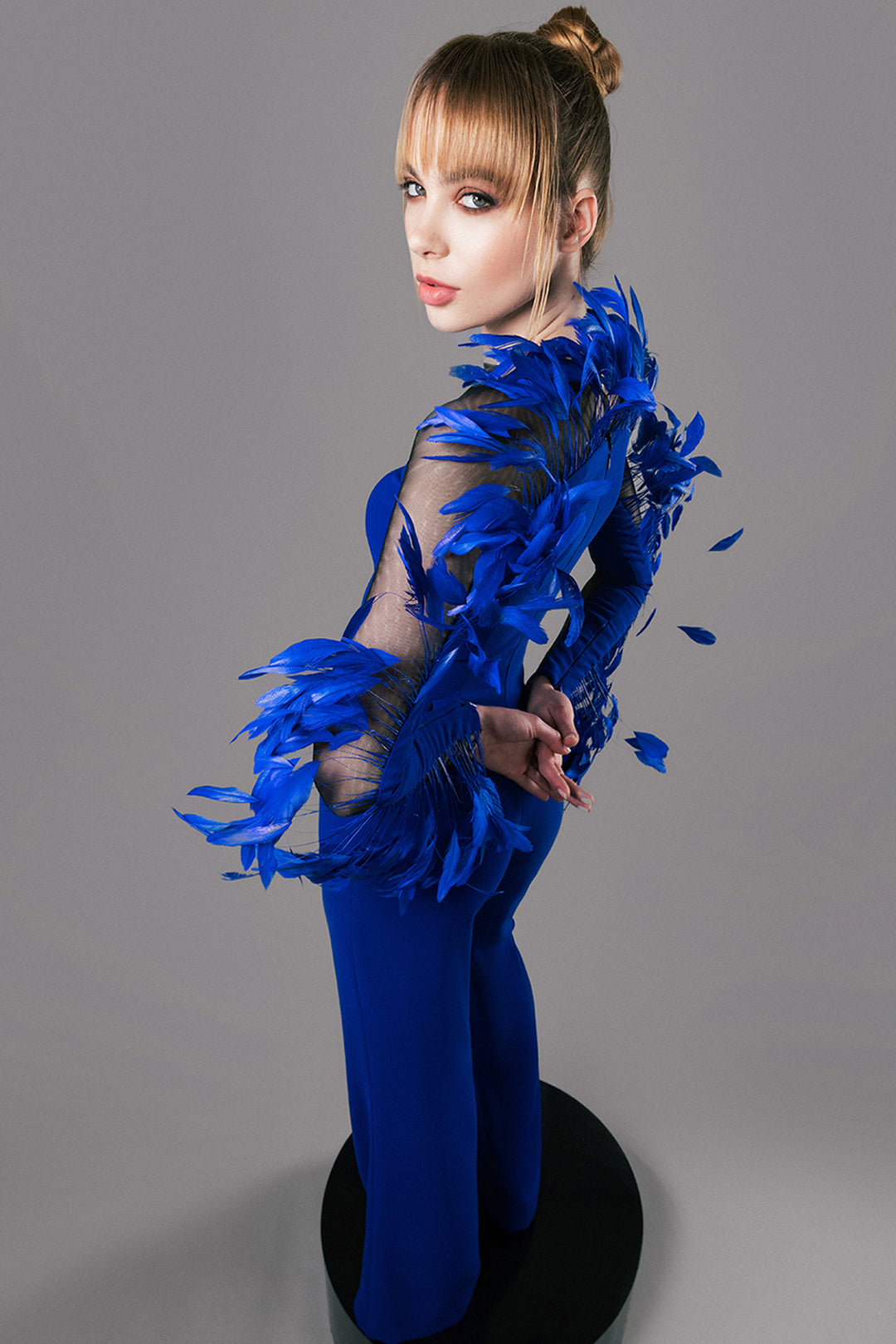 Feathered Sleeves Long Crepe Jumpsuit