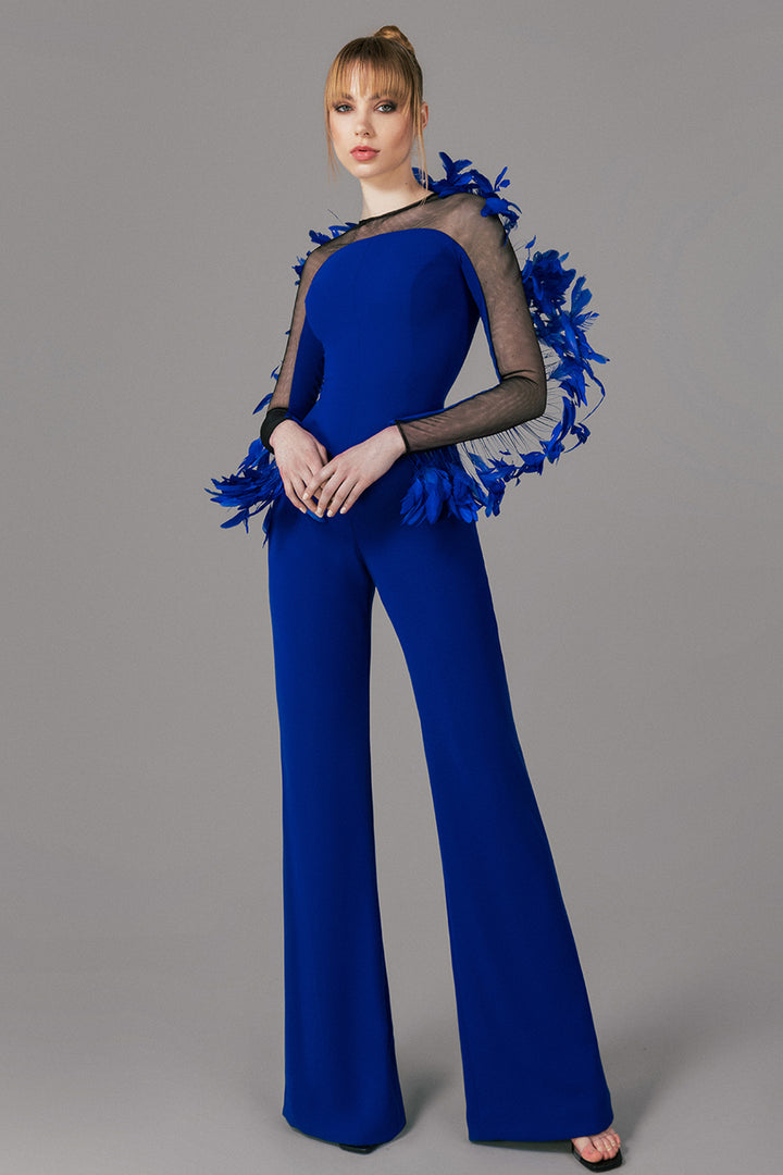 Feathered Sleeves Long Crepe Jumpsuit