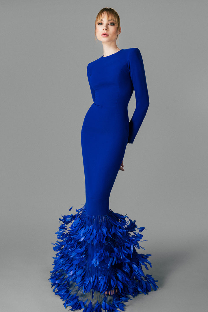 Long-Sleeved Crepe Dress with Feathers