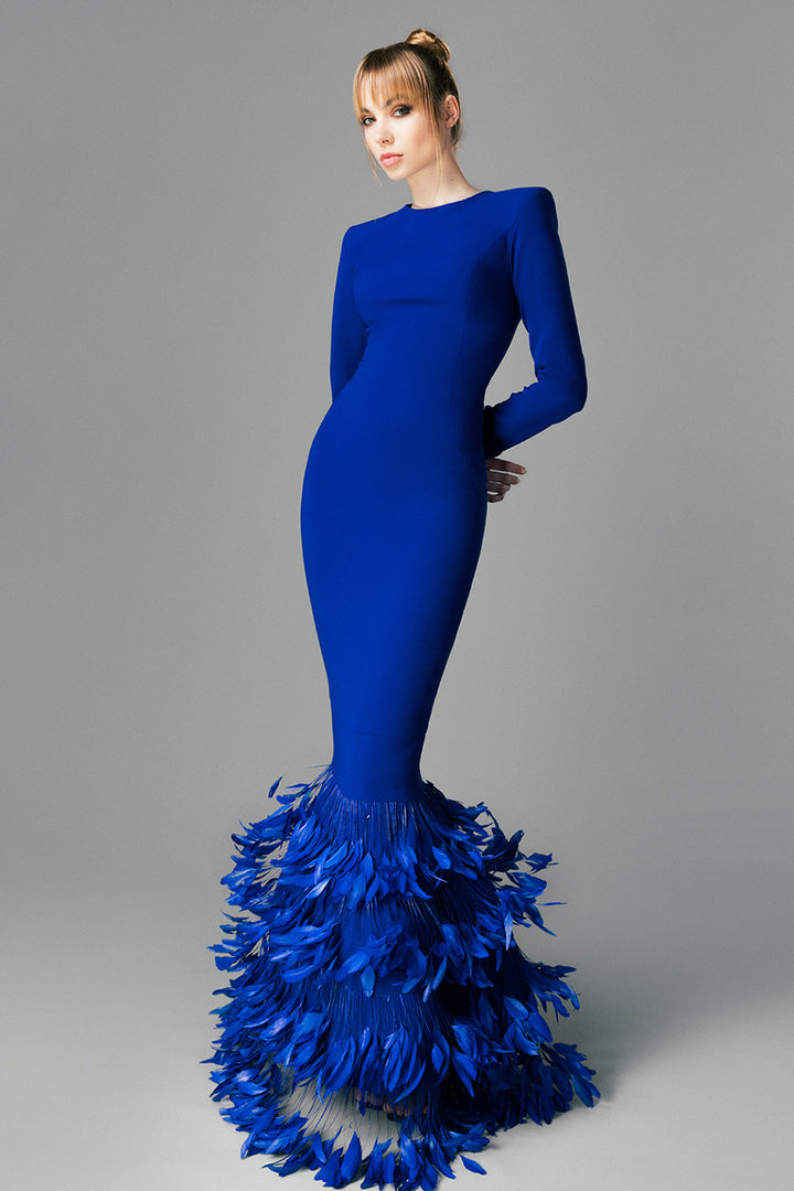 Long-Sleeved Crepe Dress with Feathers