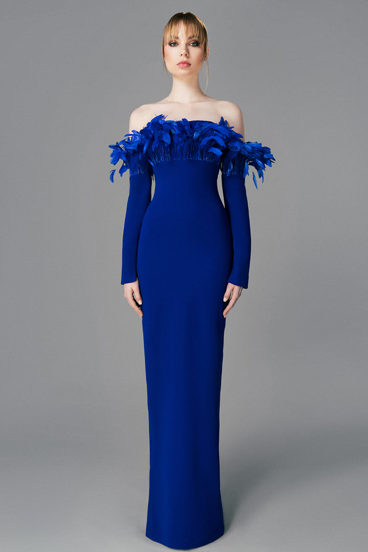 Off-The-Shoulder Column Long Crepe Dress