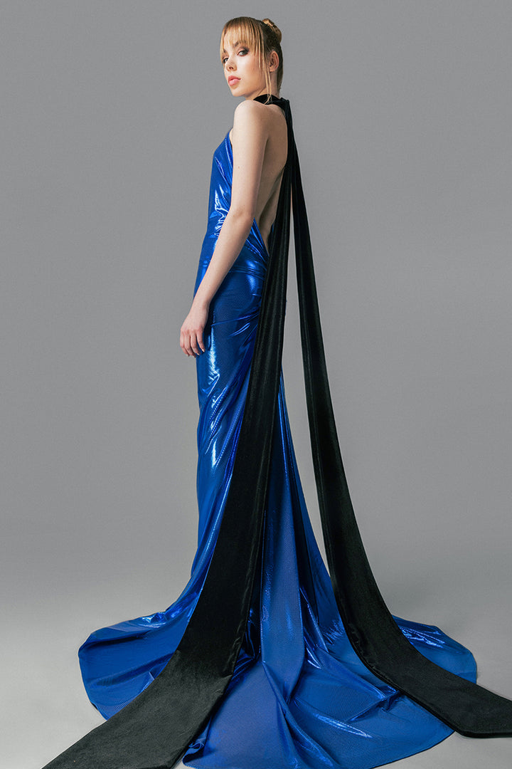 Halter Neck Long Lamé Dress