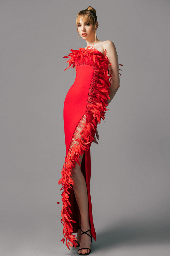 Strapless Crepe Dress with Feathers