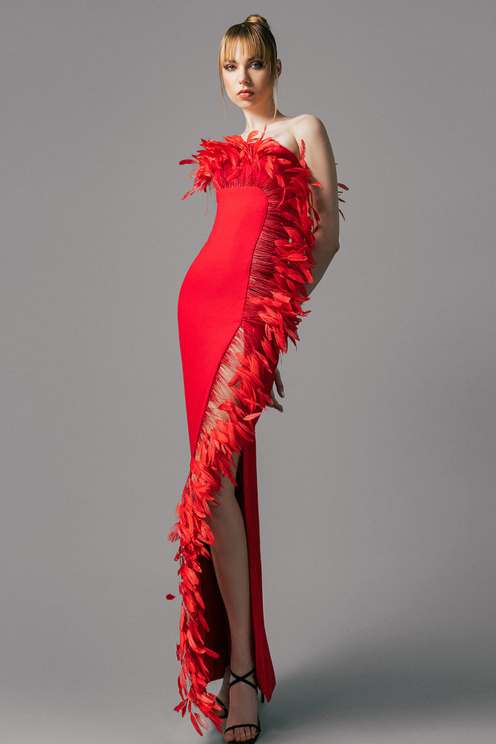 Strapless Crepe Dress with Feathers