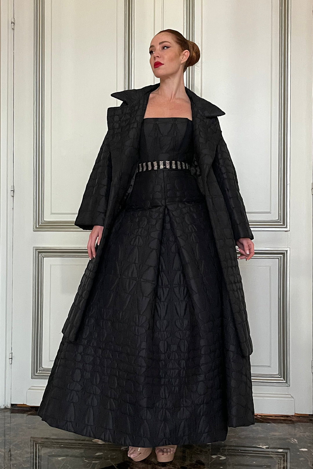 Brocade Strapless Princess Dress with Jacket Black / FR 50 Brocade Strapless Princess Dress with Jacket Black / FR 50