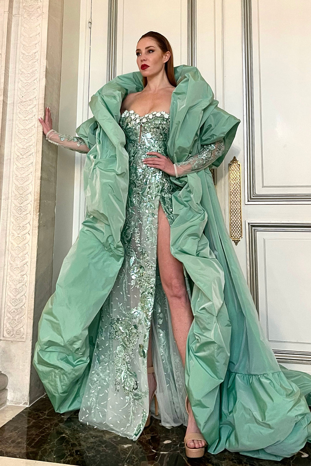 Embroidered dress with taffeta coat Green / FR 44 Embroidered dress with taffeta coat Green / FR 44
