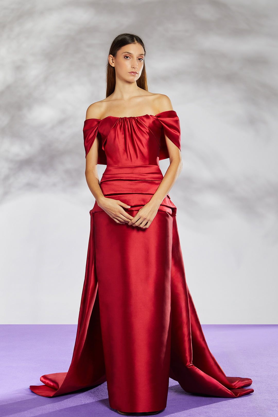Off Shoulder Pleated Dress with Overskirt Red / US 10 Off Shoulder Pleated Dress with Overskirt Red / US 10