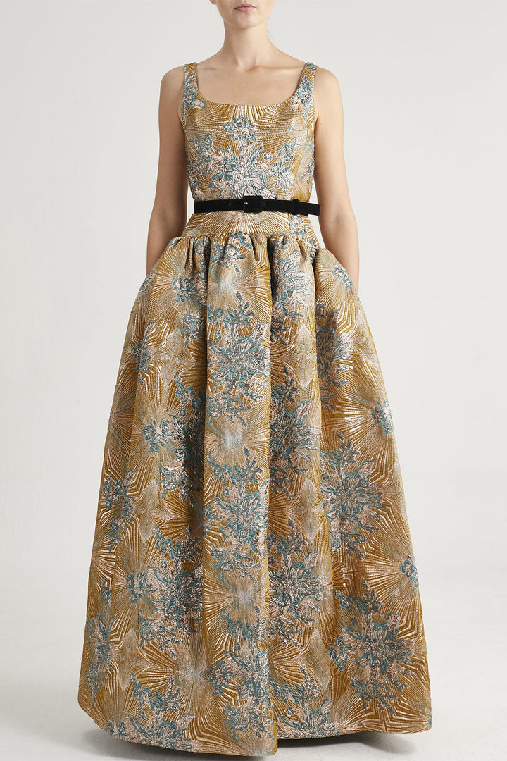 Geometric Floral Brocade Puffy Dress