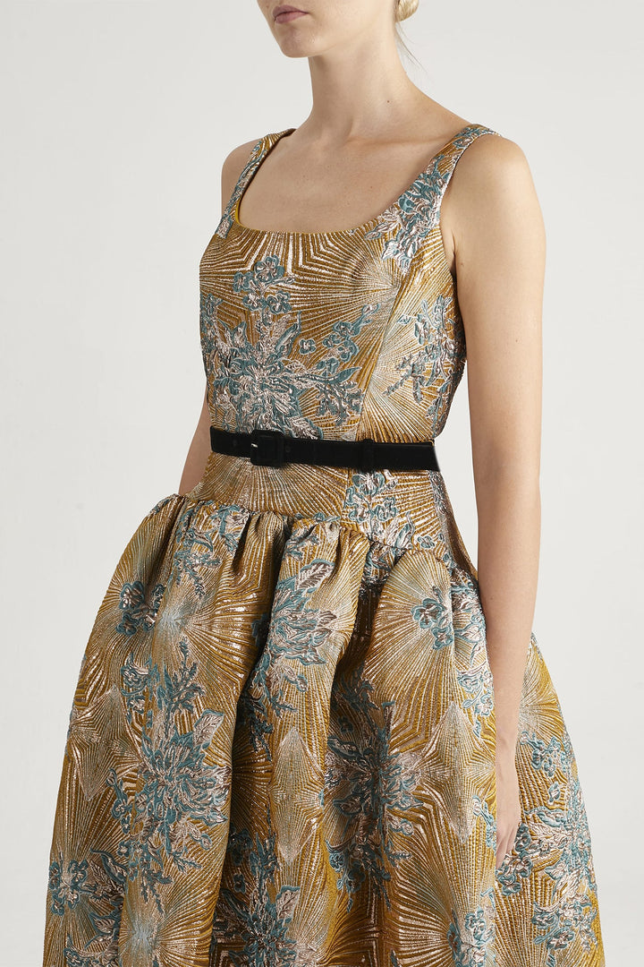 Geometric Floral Brocade Puffy Dress