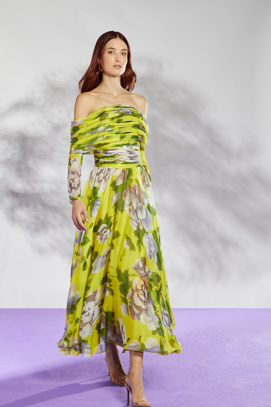 Off-the-Shoulder Dress with Long Sleeves and Floral Print Multicolor / US 18 Off-the-Shoulder Dress with Long Sleeves and Floral Print Multicolor / US 18