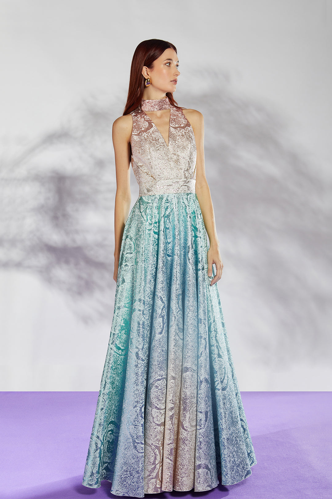 High-Neck Dress with Fitted Bodice and Floral Jacquard Skirt Multicolor / US 8 High-Neck Dress with Fitted Bodice and Floral Jacquard Skirt Multicolor / US 8