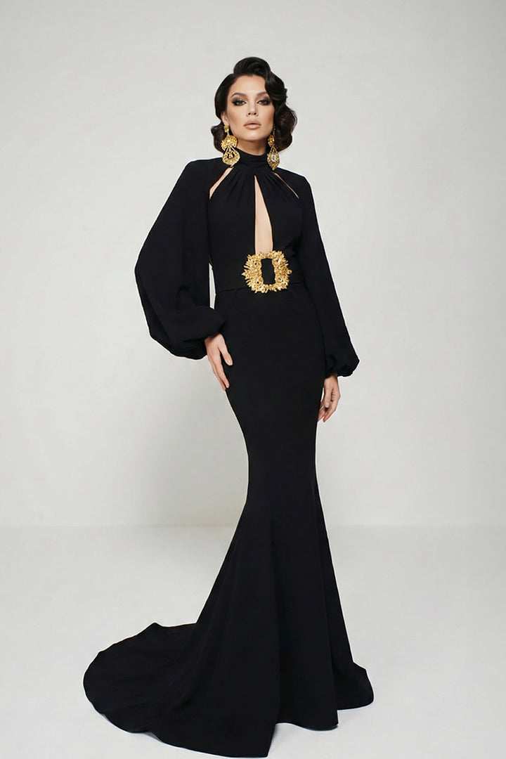 Long Dress with a Floor-Skimming Train and Statement Belt