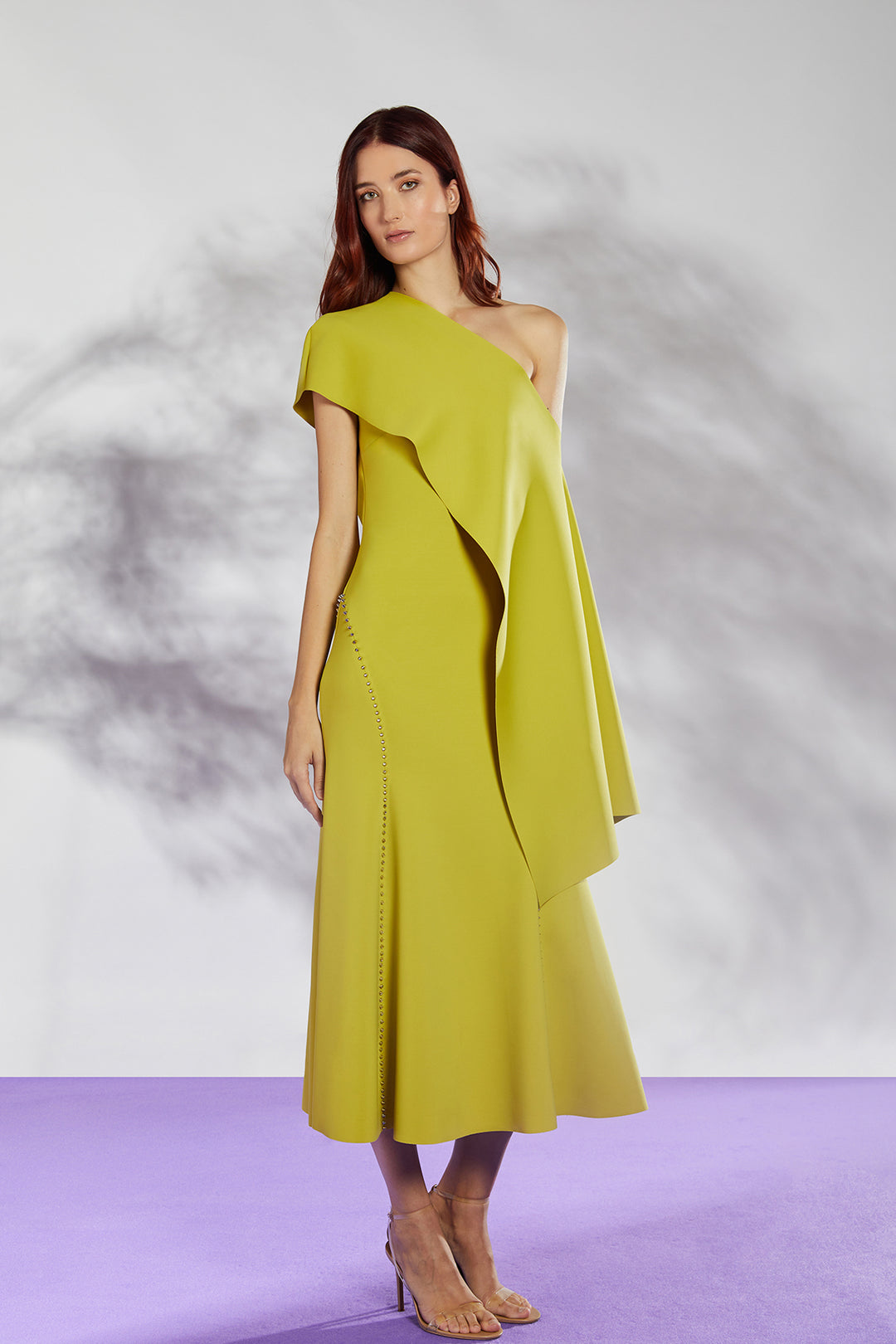 Single-Shoulder Midi Dress with Fitted Bodice and Flared Skirt Lime / US 20 Single-Shoulder Midi Dress with Fitted Bodice and Flared Skirt Lime / US 20