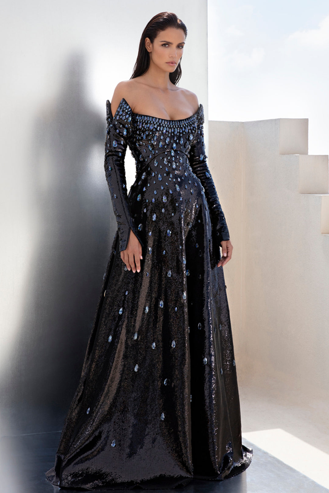 Long-Sleeved Off-The-Shoulder A-line Dress
