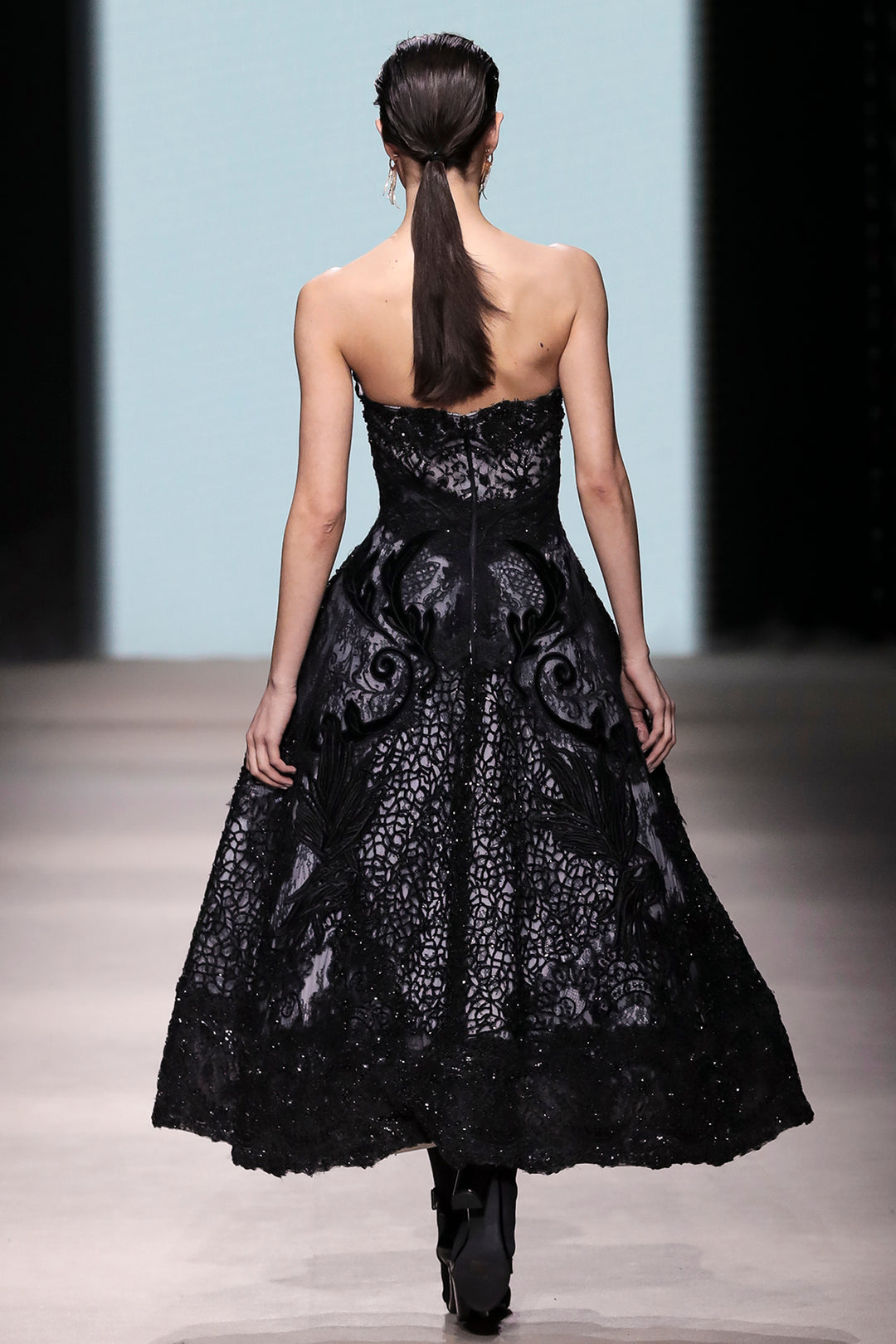 Strapless Sculptural Lace with Appliqué Midi Dress