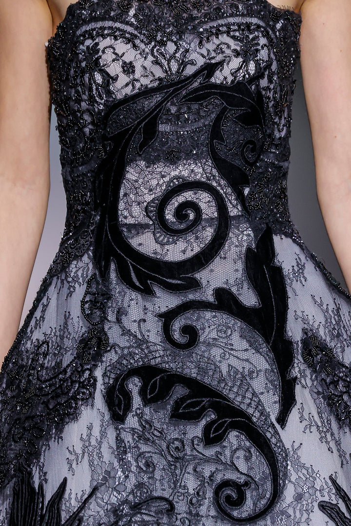 Strapless Sculptural Lace with Appliqué Midi Dress